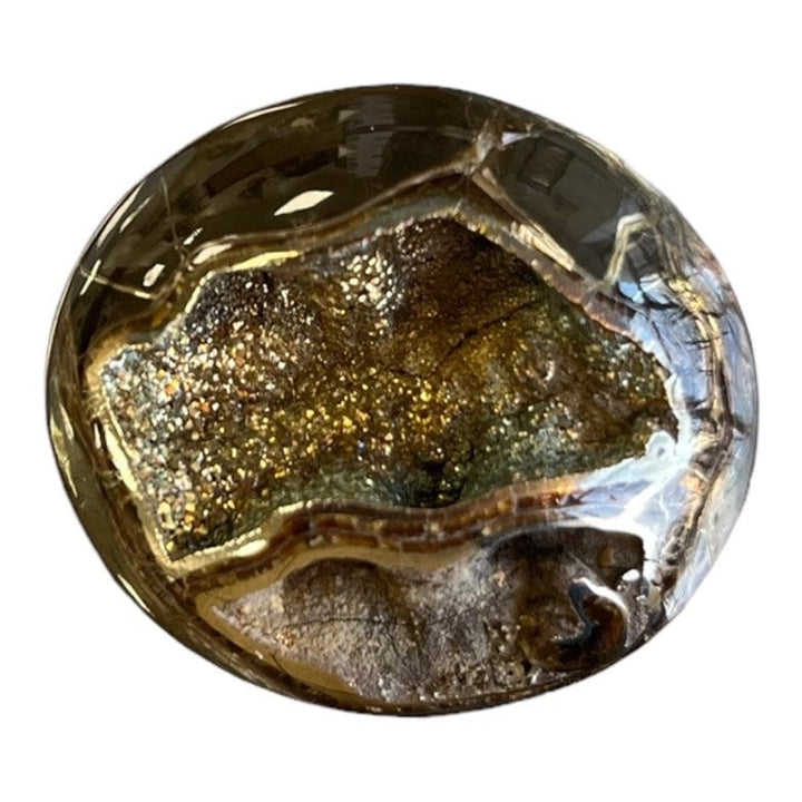 Pyritisierter Ammonit, AM_P045, Cabochon-Schliff, 36 x 31 x 13 mm; 13 g;