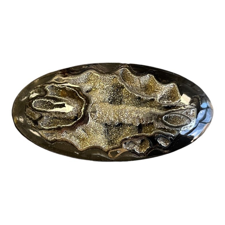 Ammonite pyritisée, AM_P069, taille cabochon, 54x27x7  mm; 13.1g;