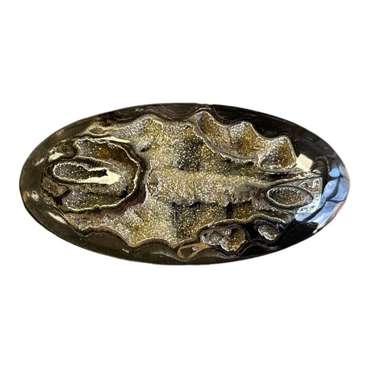 Ammonite pyritisée, AM_P069, taille cabochon, 54x27x7  mm; 13.1g;