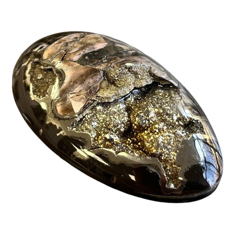 Ammonite pyritisée, AM_P065, taille cabochon, 56 x 32 x11mm; 28.8g;
