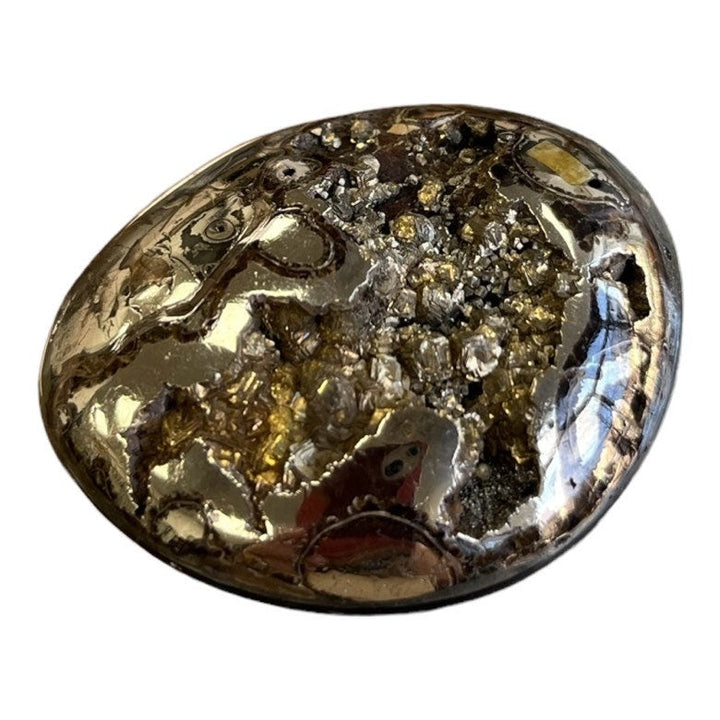 Pyritized ammonite, AM_P067, cabochon cut, 47x39x11mm; 29.3g;