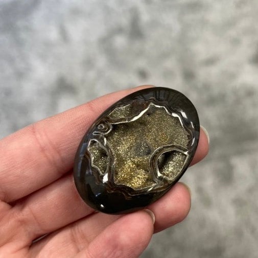 Pyritisierter Ammonit, AM_P039, Cabochon-Schliff, 45x32x9 mm; 16 g;