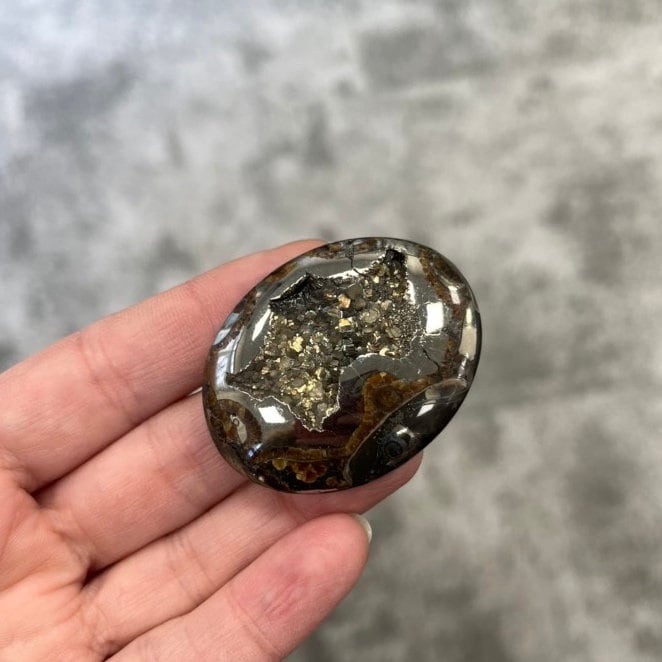 Pyritisierter Ammonit, AM_P035, Cabochon-Schliff, 46x35x9 mm; 22,8 g;