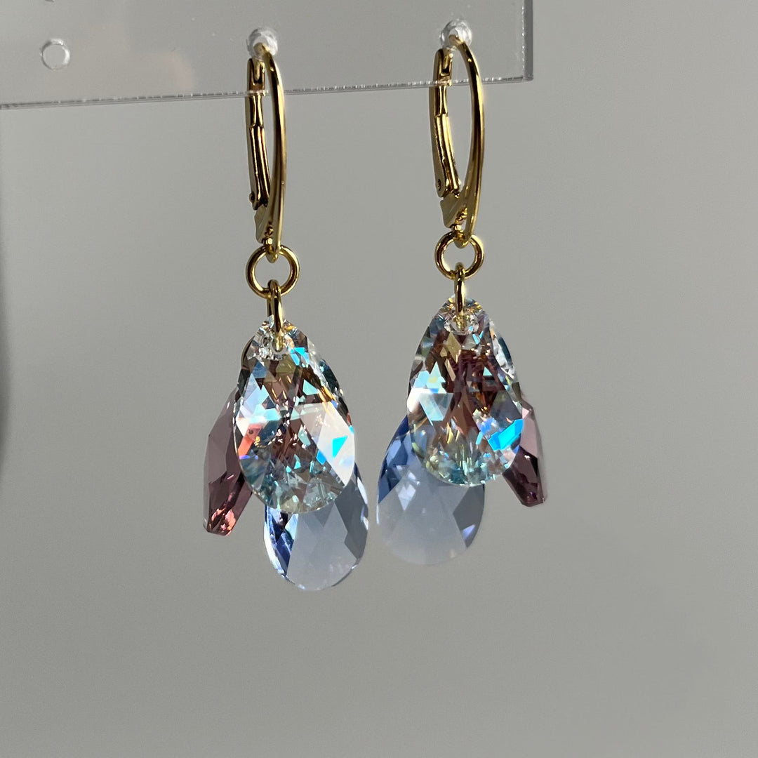 Boucles d'oreilles avec cristaux Swarovski, argent doré, bleu clair/violet, FLEUR