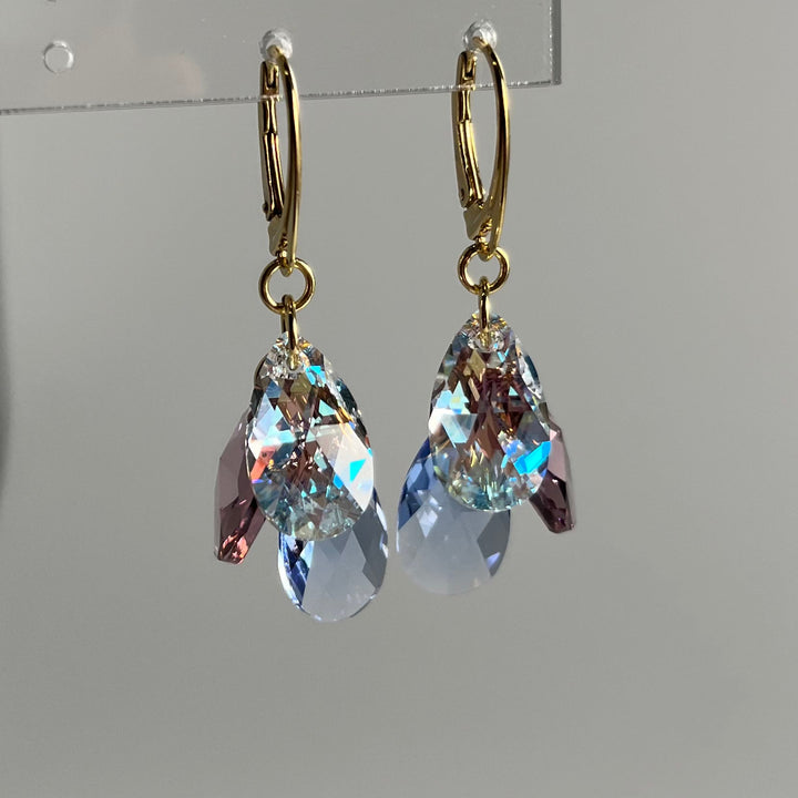 Boucles d'oreilles avec cristaux Swarovski, argent doré, bleu clair/violet, FLEUR