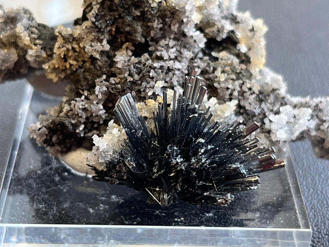 Stibnite on berthierite quartz, Romania DA134