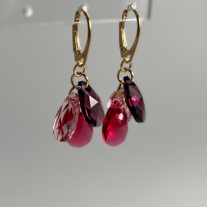 Boucles d'oreilles avec cristaux Swarovski, argent doré, rouge framboise, FLEUR