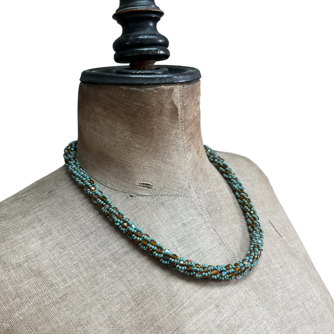 Crochet necklace made of Miyuki beads, orange/turquoise, 47 cm