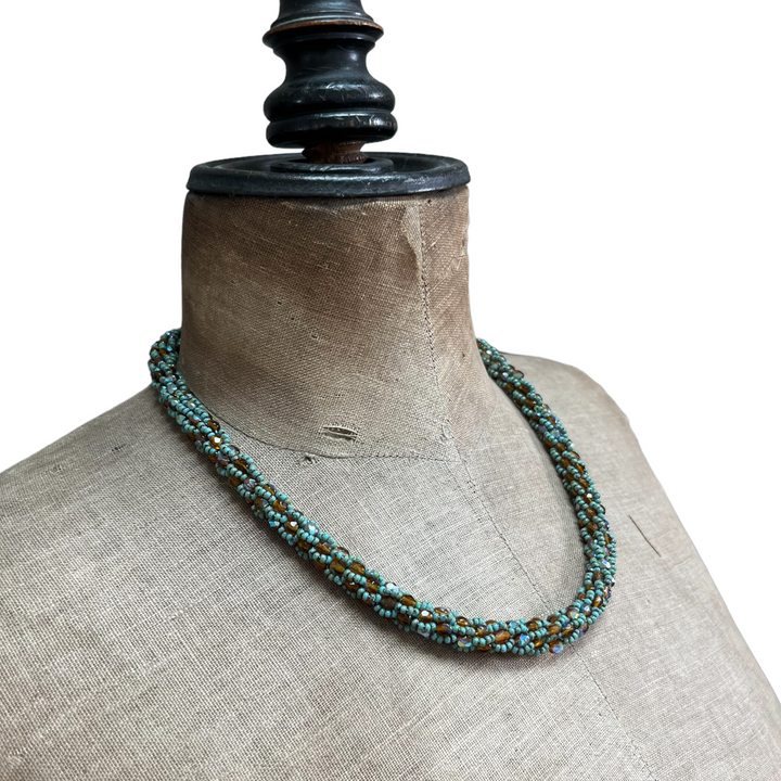 Crochet necklace made of Miyuki beads, orange/turquoise, 47 cm
