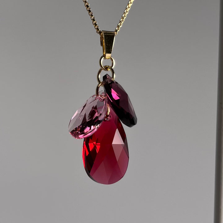 Collier avec cristaux Swarovski, argent doré, rouge framboise, FLEUR
