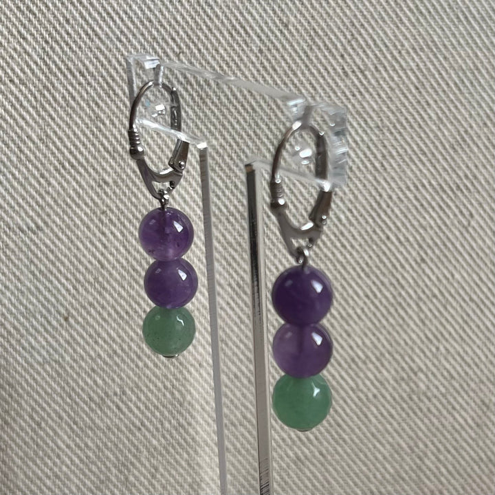Earrings with natural stones - amethyst, green aventurine, in silver