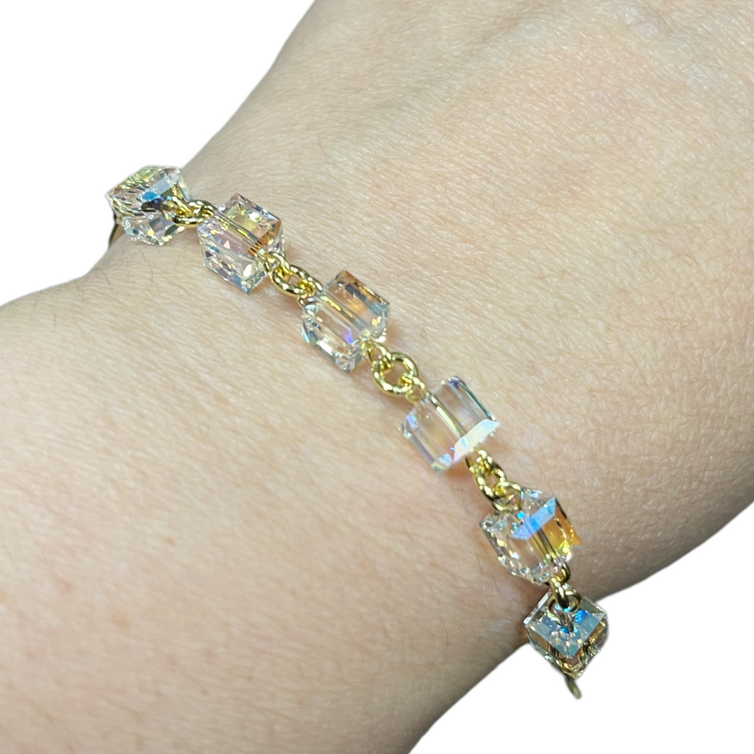 Bracelet, cristaux Swarovski, argent doré, cristal AB, MULTI-CUBES