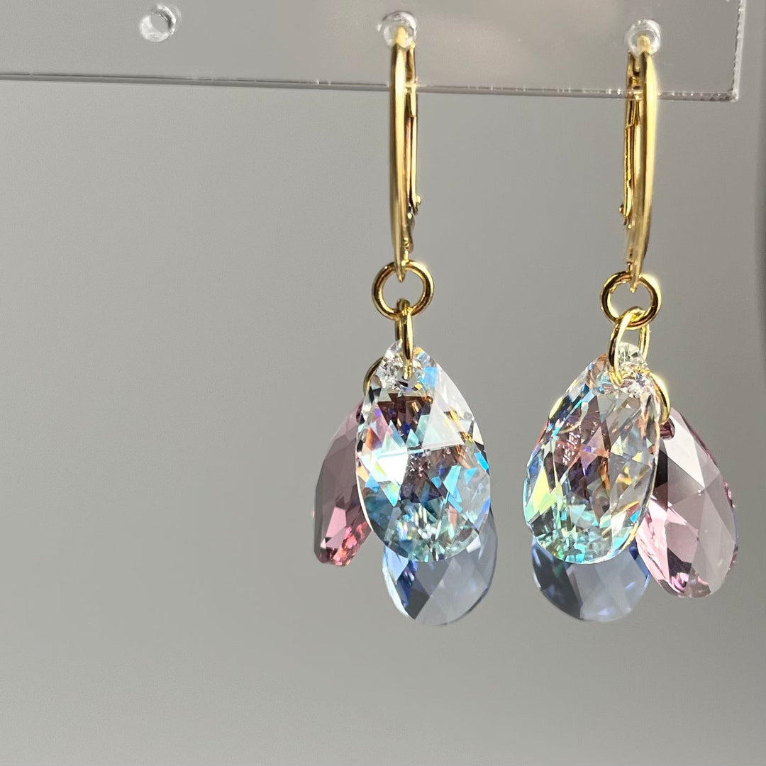 Boucles d'oreilles avec cristaux Swarovski, argent doré, bleu clair/violet, FLEUR