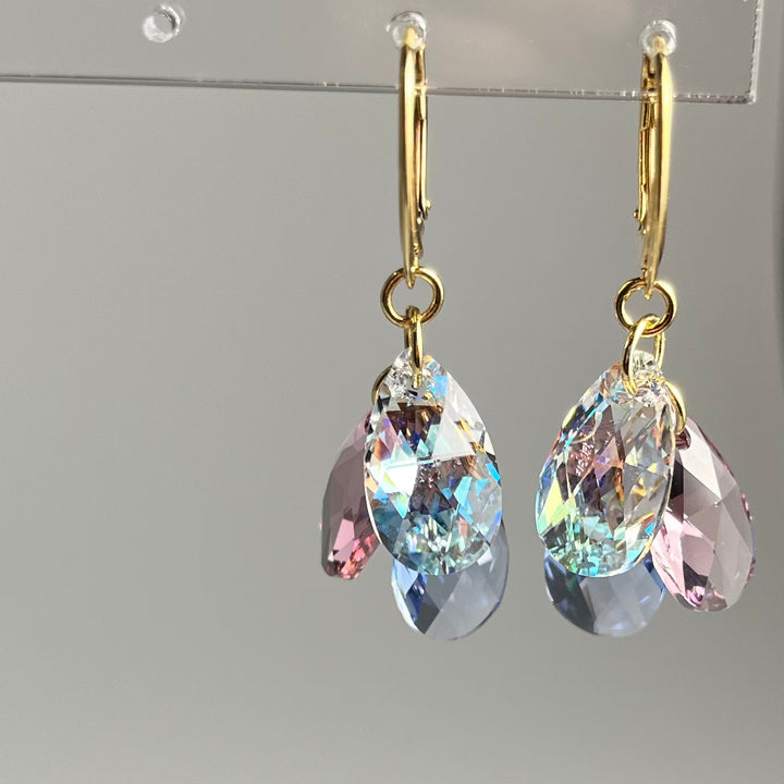 Boucles d'oreilles avec cristaux Swarovski, argent doré, bleu clair/violet, FLEUR