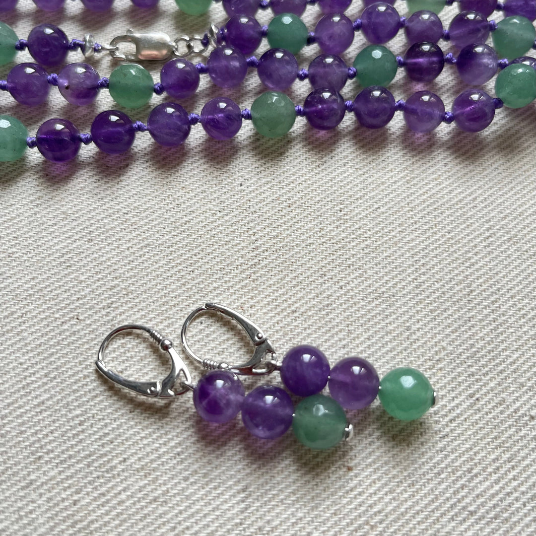 Earrings with natural stones - amethyst, green aventurine, in silver