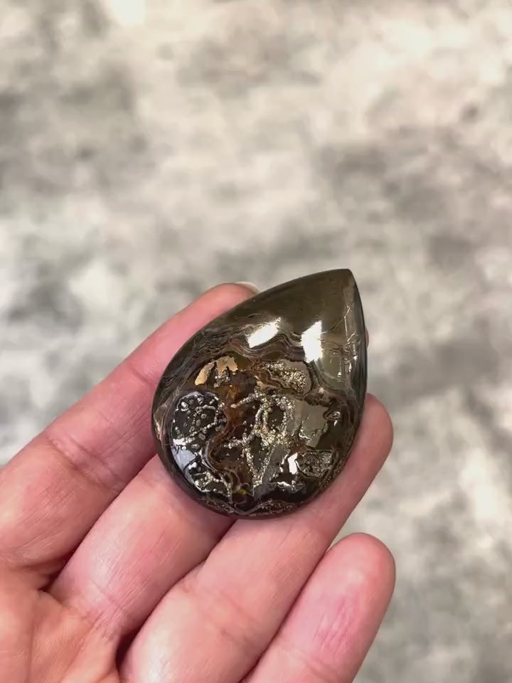 Pyritisierter Ammonit, AM_P078, Cabochon-Schliff, 48x34x8 mm; 18,8 g;