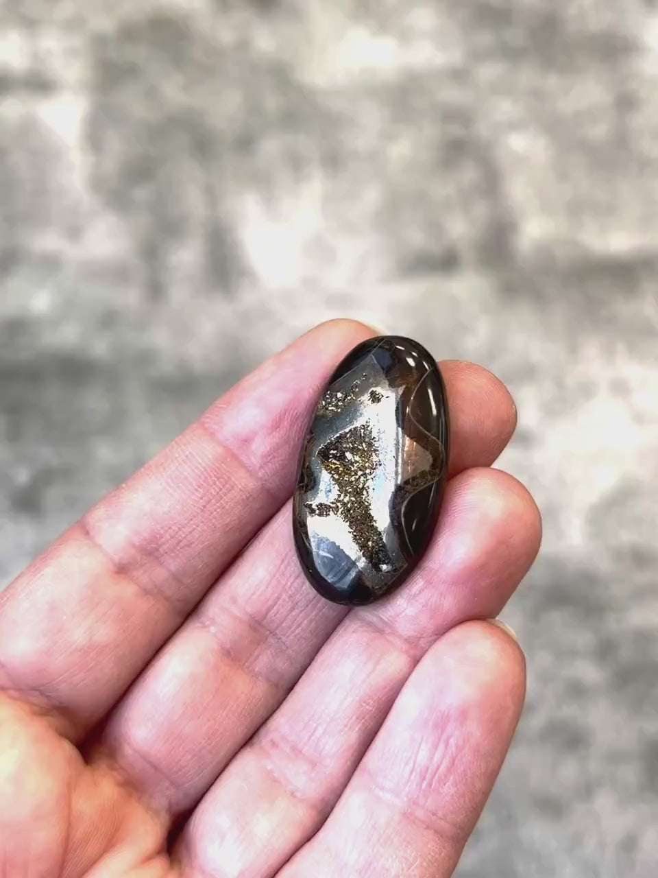 Pyritisierter Ammonit, AM_P098, Cabochon-Schliff, 32 x 18 x 5 mm; 5,3 g