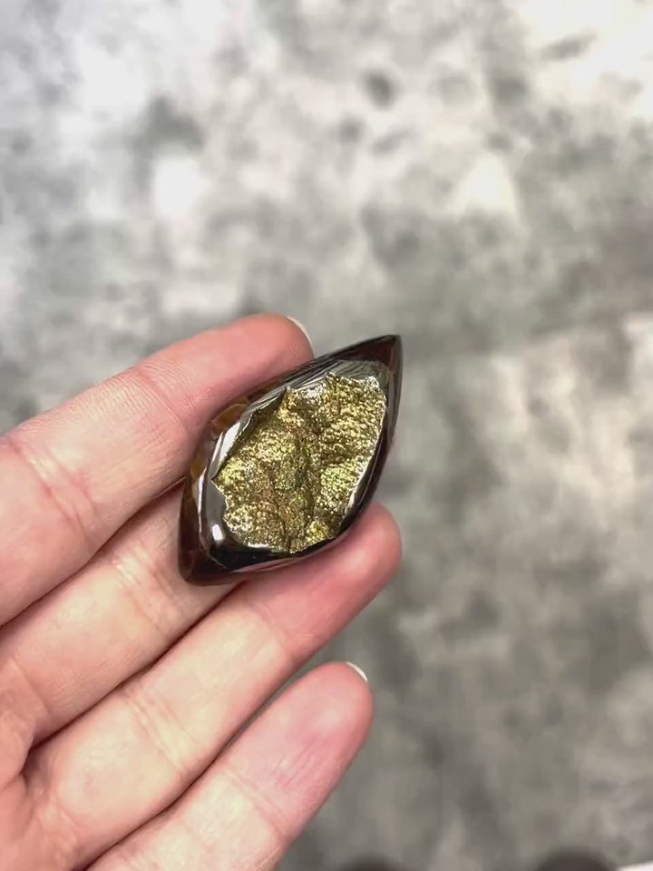 Pyritisierter Ammonit, tAM_P072, Cabochon-Schliff, 45x24x9 mm; 15,8 g;