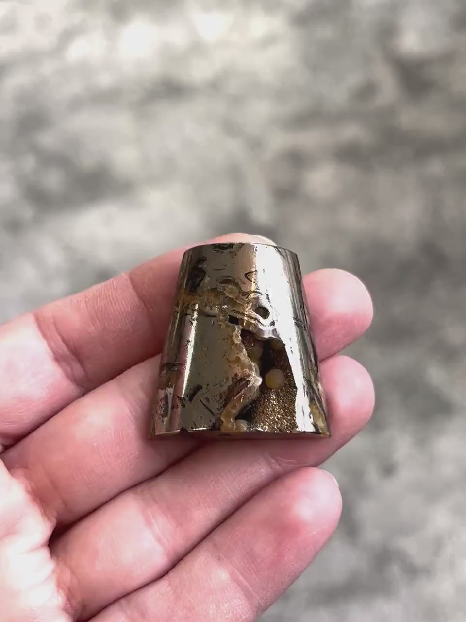 Pyritized ammonite, AM_P042, cabochon cut, 32x30x10 mm; 17.1g