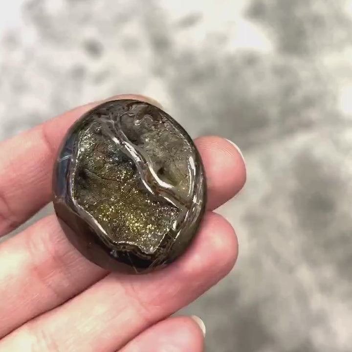 Pyritisierter Ammonit, AM_P045, Cabochon-Schliff, 36 x 31 x 13 mm; 13 g;