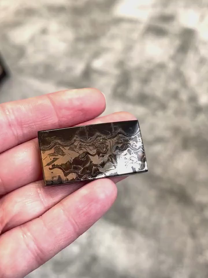 Pyritized ammonite, AM_P060, cabochon size, 41x21x6 mm; 15g;