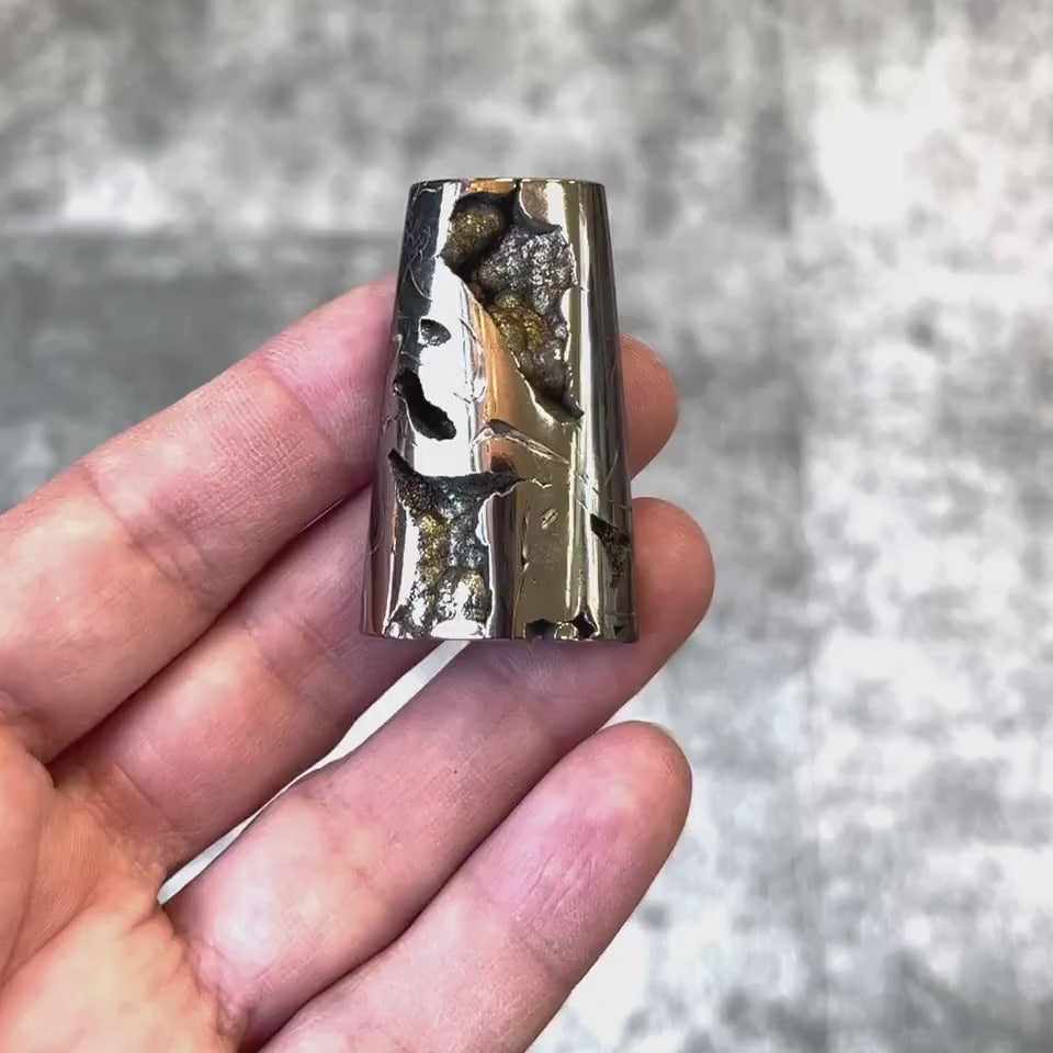 Pyritisierter Ammonit, AM_P068, Cabochon-Schliff, 43x25x11 mm; 25 g;