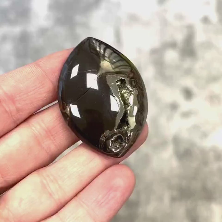 Pyritized ammonite, AM_P075, cabochon cut, 46x33x8 mm; 19g;