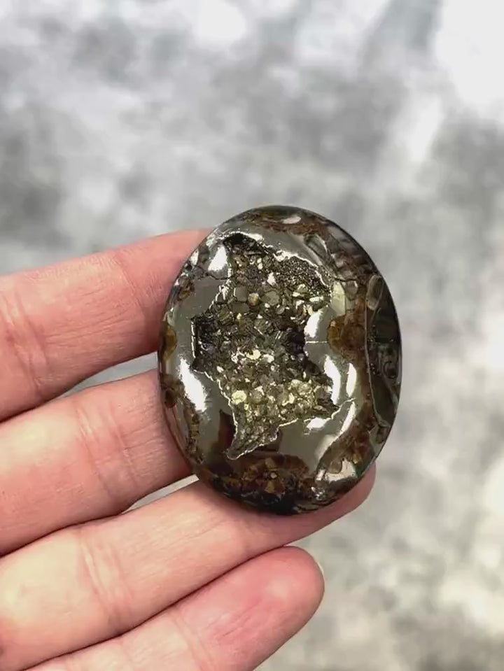 Pyritisierter Ammonit, AM_P035, Cabochon-Schliff, 46x35x9 mm; 22,8 g;