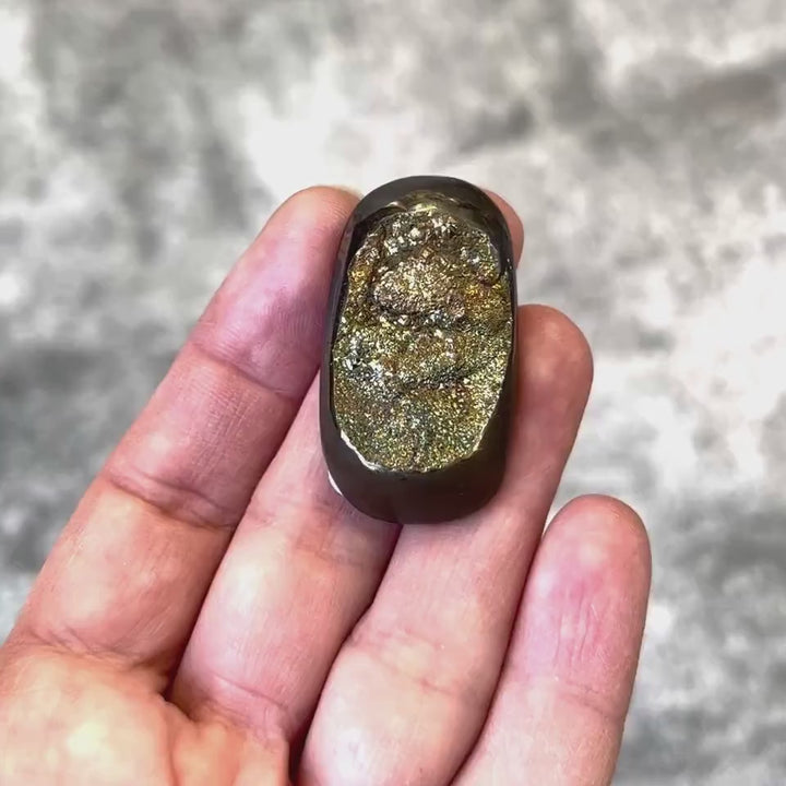 Pyritisierter Ammonit, AM_P085, Cabochon-Schliff, 39x22x8 mm; 12,5 g;