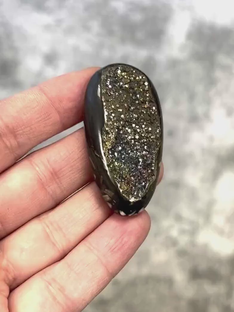 Pyritized ammonite, AM_P071, cabochon cut, 50x25x9 mm; 20g;