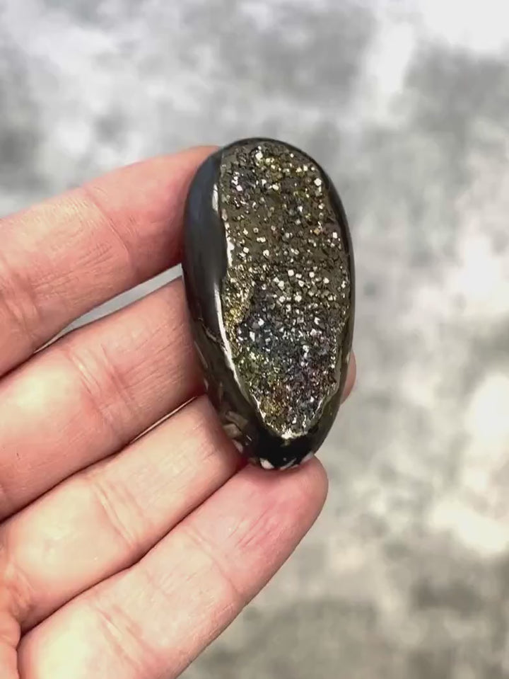 Pyritized ammonite, AM_P071, cabochon cut, 50x25x9 mm; 20g;