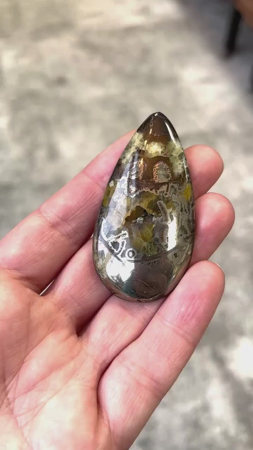 Ammonite pyritisée, AM_P083, taille cabochon, 57x30x7 mm; 19.5g;